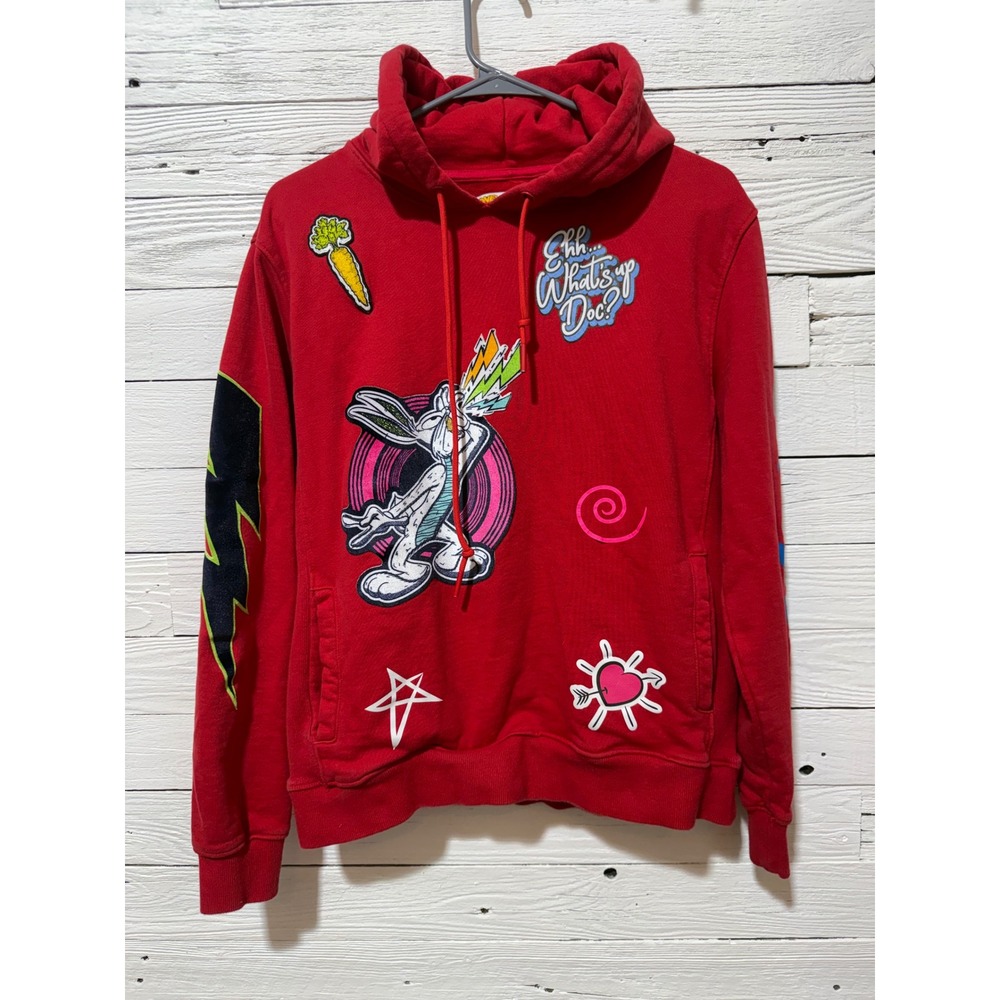 Looney Tunes Hoodie Mens Medium Red Excellent Bugs Bunny Graph Patch Sweatshirt